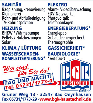 u27a4 BGK Haustechnik GmbH 32547 Bad Oeynhausen-Innenstadt Öffnungszeiten | Adresse | Telefon 0