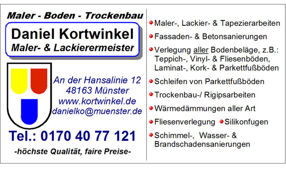 ➤ Daniel Kortwinkel Maler- & Lackierermeister 48163 Münster-Mecklenbeck Öffnungszeiten | Adresse | Telefon 8