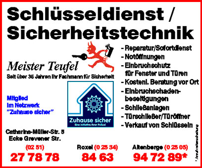 ➤ Meister Teufel Schlüsseldienst 48149 Münster-Centrum Öffnungszeiten | Adresse | Telefon 0