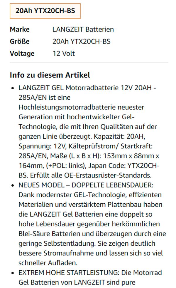 Motorrad-, Roller-Teile - LANGZEIT YTX20CH-BS GEL Motorradbatterie 12V